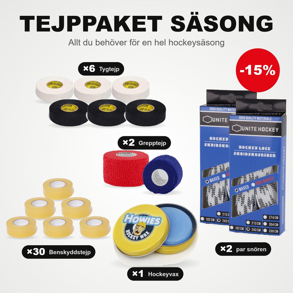 Tapepakke Sæson: 30 ruller Benskinne-tape, 6 ruller stof-tape, 2 ruller greb-tape, 2 par skøjtesnørebånd og hockeyvoks