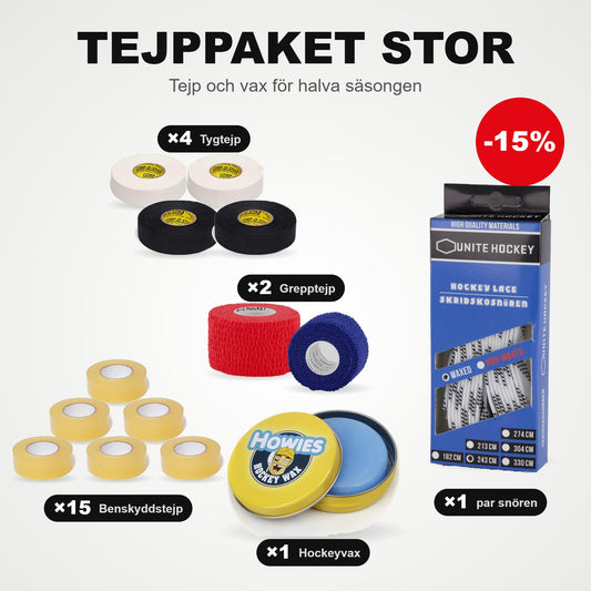 Tapepakke Stor: 15 stk. Benskinne-tape, 4 stk. stof-tape, 2 stk. greb-tape, 1 par skøjtesnørebånd og hockeyvoks