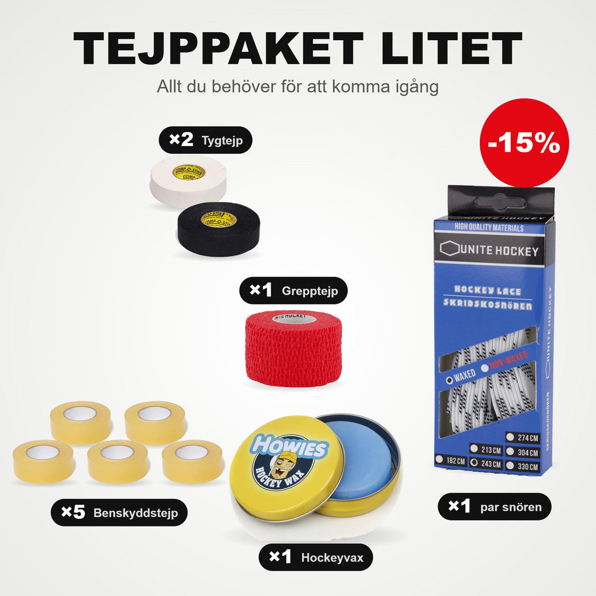 Tapepakke Lille: 5 stk. benskinne-tape, 2 stk. stof-tape, 1 stk. greb-tape, 1 par skøjtesnørebånd og hockeyvoks