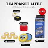 Tapepakke Lille: 5 stk. benskinne-tape, 2 stk. stof-tape, 1 stk. greb-tape, 1 par skøjtesnørebånd og hockeyvoks